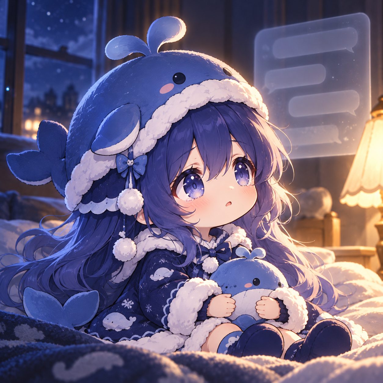 On the bed with a whale plush, chat bubbles nearby