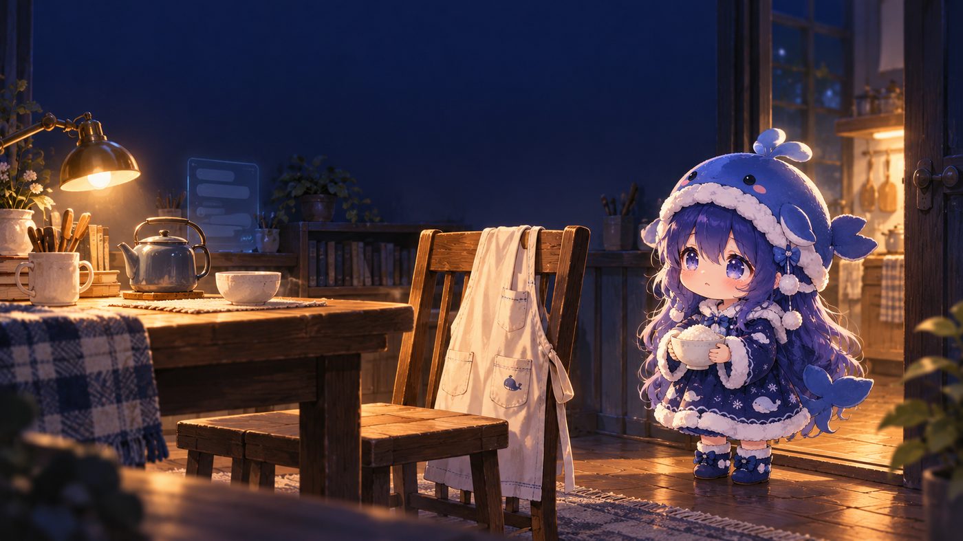 At the doorway holding a bowl, waiting